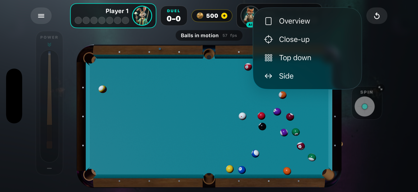Duel match with a live pool table, power slider, spin control, and camera menu